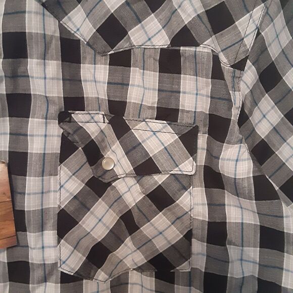 Wrangler WRancher Western Mens L Pearl Snap Short Sleeve Plaid Cowboy EUC - Picture 2 of 9
